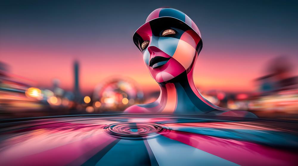 Robotic avatar with chrome body and vibrant face above rippling water at dusk